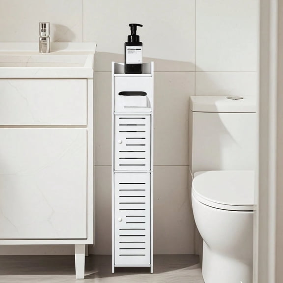odorsTT Storage Cabinet for Small Spaces, Over The Toilet Cabinet for Skinny Bathroom Storage Corner Floor, Slim Paper Holder with 2 Doors & Shelves (White)