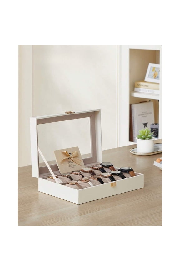 Stylish 12-Slot Watch Box, Large Glass Lid, Removable Pillows, Organizer In Synthetic Leather - Perfect Gift for Loved Ones Back To School Dormitory Storage