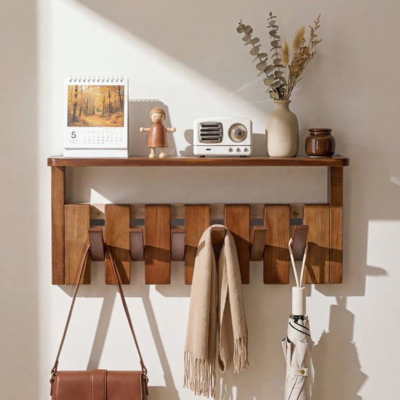 odorsTT Wall Mounted Coat Rack with Shelf, Solid Wood Floating Organizer with Magnetic Hooks for Clothes/Hats/Bags - Brown-6 Hooks