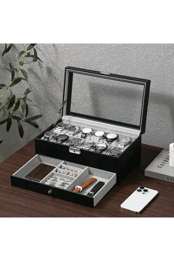 Watch Box 12 Slot Watch Display Organizer Leather Jewelry Case Drawer Glass Birthday for Men Women, Husband Dad Back To School Dormitory Storage - Grey