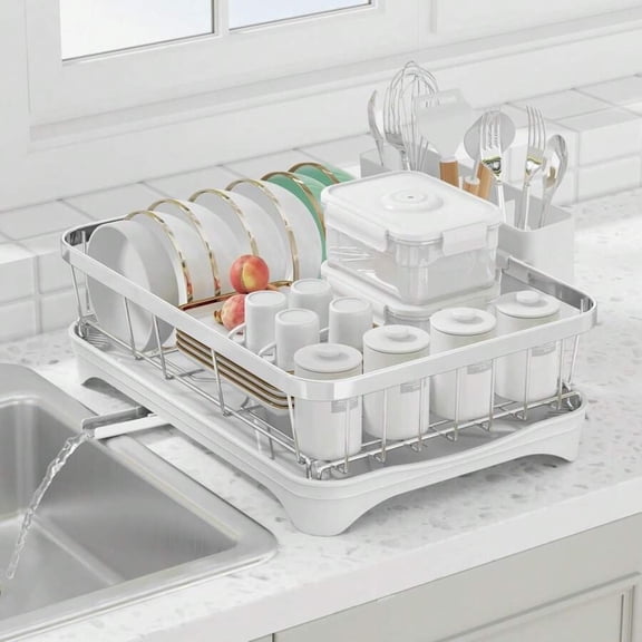 odorsTT White 304 Stainless Steel Dish Drying Rack with Drain Board, Automatic Draining and Drying Rack for Kitchen Countertops, Large Capacity Dish Drainer, Suitable for Bowls, Cups and Dishes
