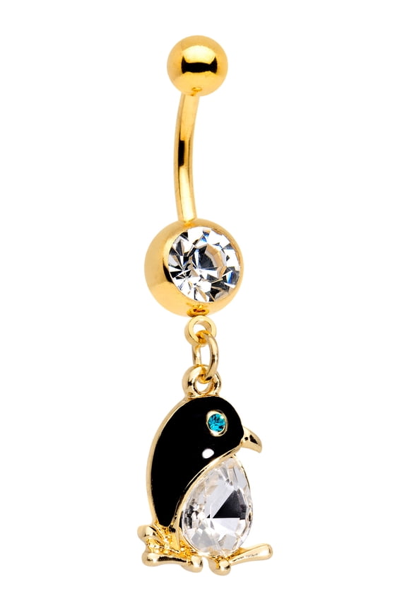 ody Candy Gold PVD Steel Clear Accent Bling Bling Penguin Dangle Belly Ring