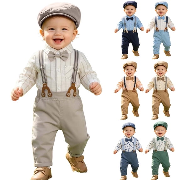 oelaio Baby Boy Clothes Set Infant Gentleman Wedding Outfits Dress Romper Ring Bearer Beret Hat Suspenders Bowtie Suits Gray 18-24 Months
