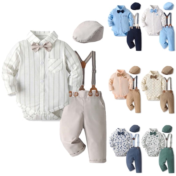 oelaio Baby Boy Suit Gentleman Outfit Clothes Set Infant Long Sleeve Dress Shirt+Suspender Pants+Bowtie+Beret Hat Navy 18-24 Months