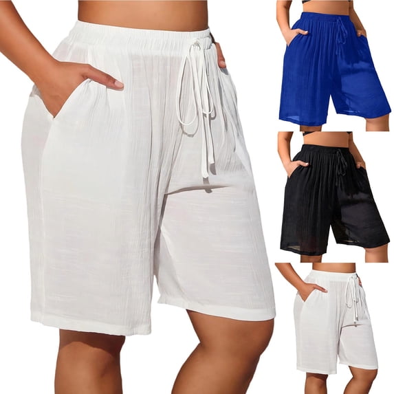 oelaio Baggy Shorts for Women Trendy 2026 Summer Cotton Linen Gauze Wide Leg Shorts Drawstring Casual Beach Shorts Black L