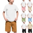 thumbnail image 1 of oelaio Boy's 2 Pieces Clothes Set Cotton Linen Summer Beach Outfits Short Sleeve Henley Shirts and Shorts Vacation Sets for Kids Pink 7 Years, 1 of 6