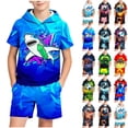 thumbnail image 1 of oelaio Boys 2 Piece Outfits Cute Cartoon Graphic Hooded Short Sleeve T-Shirt and Shorts Set Summer Clothes for Kids Multicolor 5-6 Years, 1 of 8