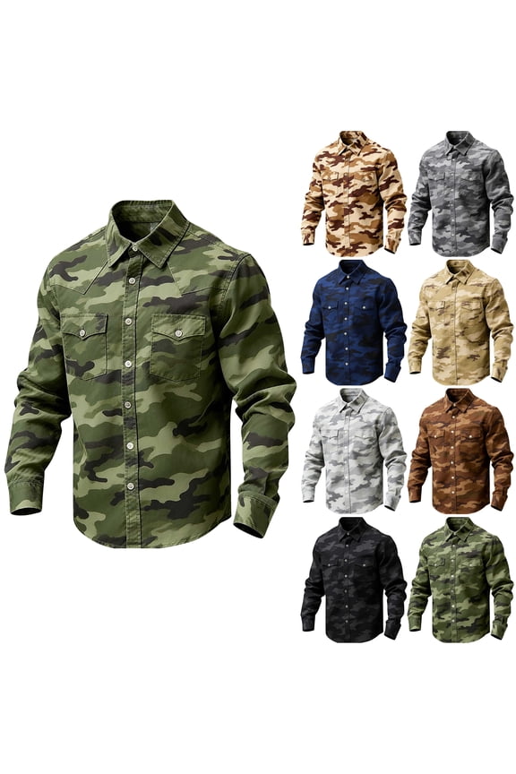 Camo Shirt for Men Long Sleeve Button Down Shirts Long Sleeve Camouflage Hunting Travel Work Shirt with Pockets Brown XL