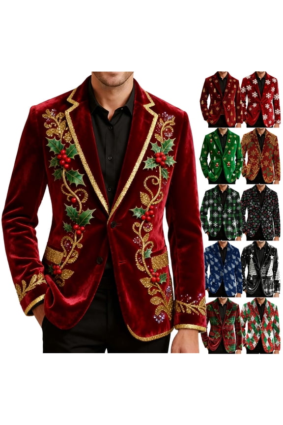 Christmas Blazer Men Holiday Corduroy Dinner Jackets Plus Size Sport Coats Xmas Santa Jacket Funny Outfits Party Suits Snowflake Print One Button Lapel Blazers with Pockets Yellow XXL