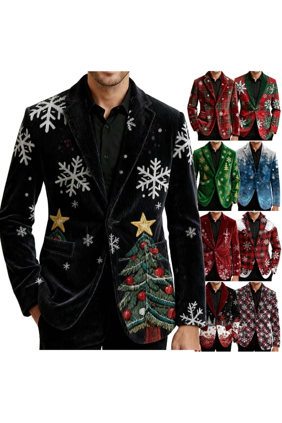 Christmas Suit Jacket for Men Funny Xmas Blazer Jacket Snowflake Print Tuxedo Two Button Notched Lapel Party Jackets Blue XXL