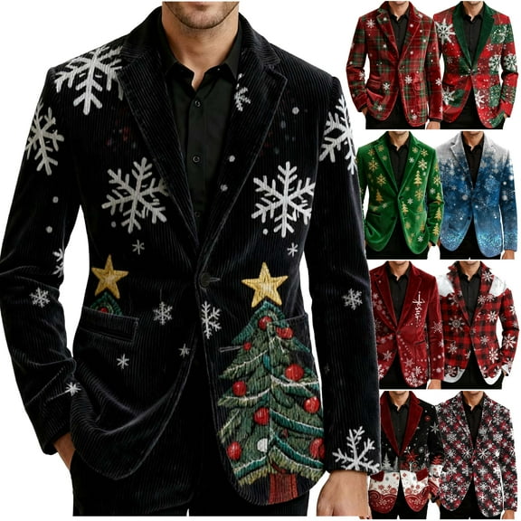 oelaio Christmas Suit Jacket for Men Funny Xmas Blazer Jacket Snowflake Print Tuxedo Two Button Notched Lapel Party Jackets Wine S