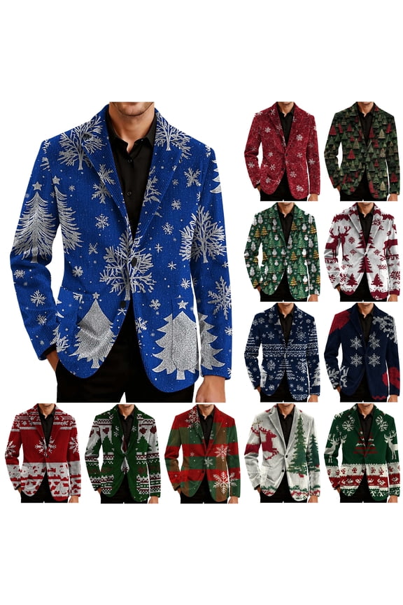Christmas Suit Jacket for Men Funny Xmas Blazer Jacket Snowflake Print Tuxedo Two Button Notched Lapel Party Jackets Yellow Green XXXL
