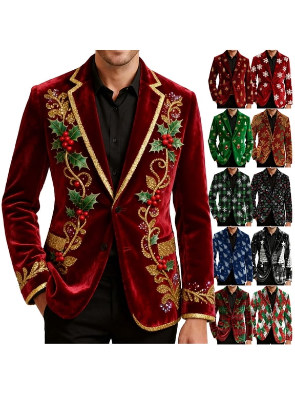 Corduroy Blazers for Men Ugly Christmas Single Breasted Suit Jackets Slim Fits Lapel Button Sport Coat Holiday Party Suit Jacket Xmas Graphic Blazer Jackets Multicolor S