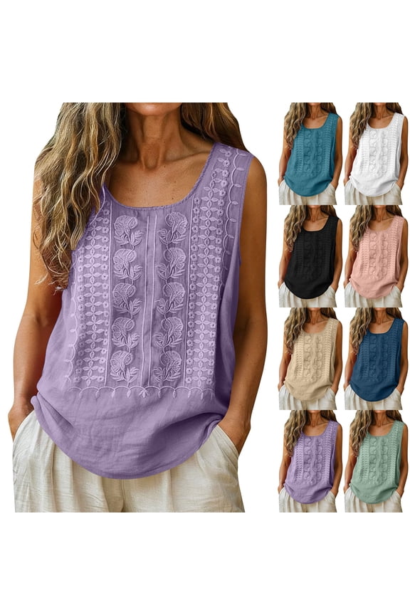 Embroidered Boho Tops for Women Floral Gauze Sleeveless Cotton Linen Vest Plus Size Summer Dressy Casual Blouses Blue XXL