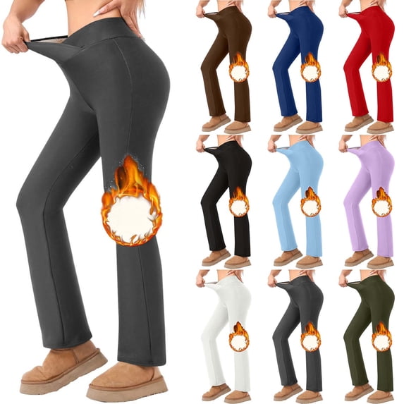 oelaio Flare Leggings Women's Fleece Lined Pants Thermal Warm Yoga Pants with Pockets Purple S