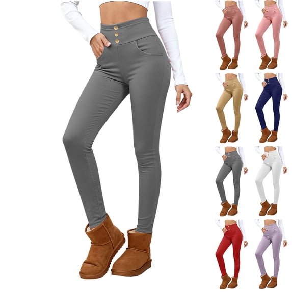 oelaio Fleece Lined Pants for Women High Waist Stretchy Leggings Thermal Winter Work Causal Trousers with Pockets Watermelon Red XXL