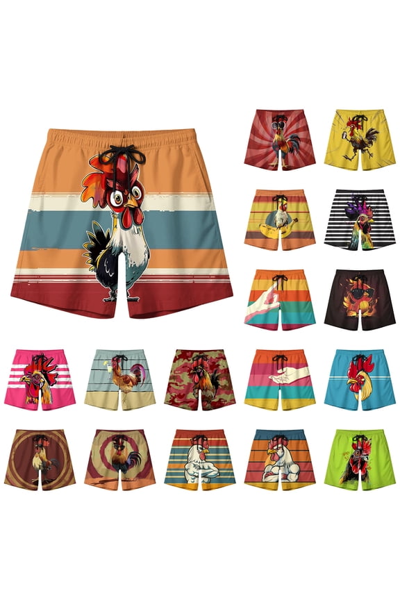 Funny Swim Trunks Men's Rooster Print Board Shorts Elastic Waist Drawstring Quick Dry Beach Shorts Multicolor M