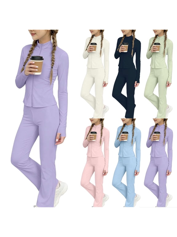 Girl's Tracksuit 2 Piece Outfits Mock Neck Zip Up Tops and Leggings Pants Athletic Yoga Sets Blue 5-6Years