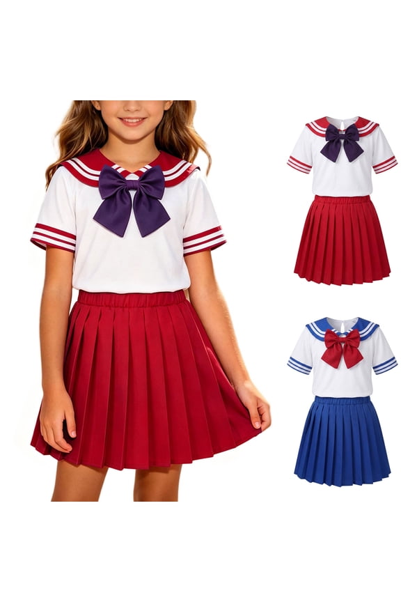 Girls Sailor Uniform School Girl Outfits Bowtie Short Sleeve Collared T-Shirt with A-Line Pleated Skirt 3 Piece Summer Clothes Set Blue 5-6 Years