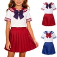 thumbnail image 1 of oelaio Girls Sailor Uniform School Girl Outfits Bowtie Short Sleeve Collared T-Shirt with A-Line Pleated Skirt 3 Piece Summer Clothes Set Red 9-10 Years, 1 of 9