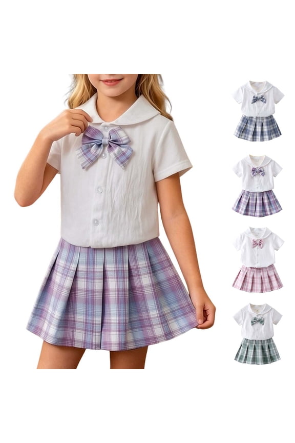 Girls Skirt Set JK School Uniform Outfit Cute 2 Piece Set Short Sleeve Shirt with Bow & Pleated Skirt Green 2 Years