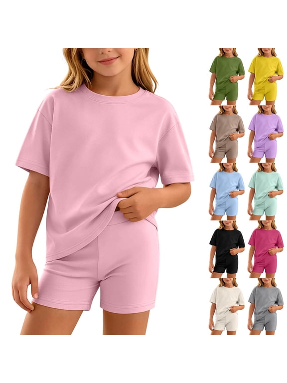Girls Summer 2 Piece Outfit Kid Clothing Set Short Sleeve Crewneck T-Shirt and Biker Shorts Matching Sets Hot Pink 11 Years