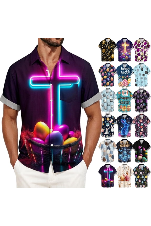 Happy Easter Shirts for Men Jesus Cross Print Short Sleeve Button Down Shirt Hawaiian Beach Party Shirts Multicolor XL