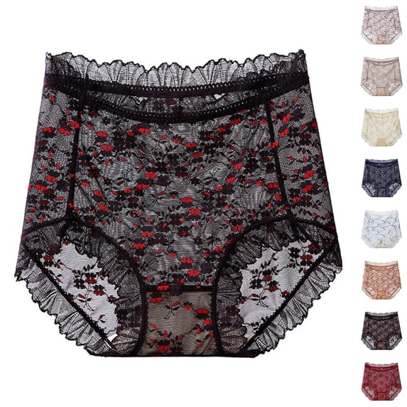 oelaio Lace Underwear for Women High Waisted Cheeky Bikini Panties Ladies Briefs Black L