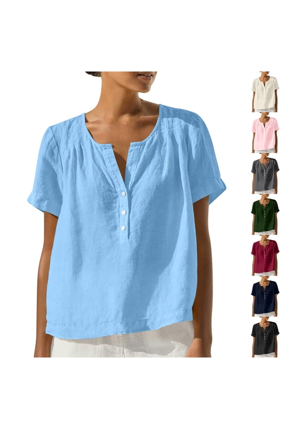 Linen Shirt for Women Cropped Blouse Henley V Neck Short Sleeve Tops Dressy Casual Summer Blouses Beige M
