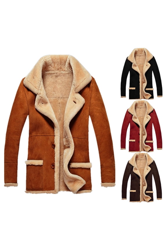 Men Faux Suede Fur Jacket Sherpa Fleece Lined Pea Coat Winter Thicken Warm Coat Lapel Long Sleeve Overcoat Brown L