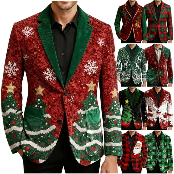 oelaio Men's Christmas Blazer Ugly Xmas Printed Long Sleeve Notched Lapel 2 Button Suit Jacket Holiday Party Outfit Black S
