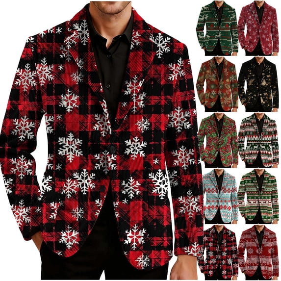 oelaio Men's Christmas Party Blazer Ugly Xmas Novelty Print Tuxedo Suit Jacket Two Button Lapel Jacket Multicolor M