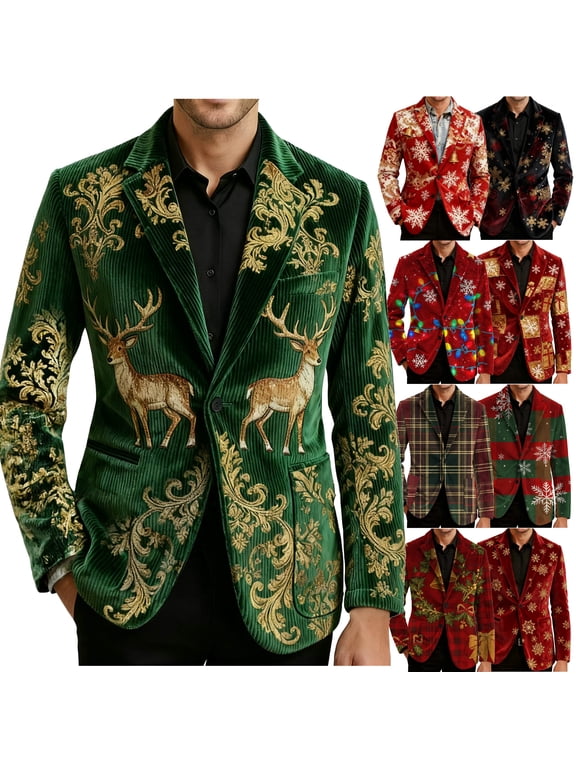 Men's Plaid Blazer Christmas Printed Casual Sports Coat Slim Fit Suit Jackets for Party Wedding Holiday Multicolor S