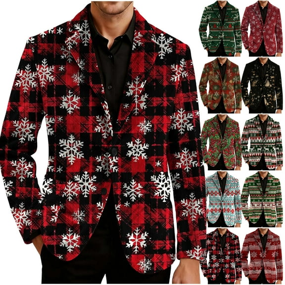 oelaio Men's Plaid Blazer Christmas Printed Casual Sports Coat Slim Fit Suit Jackets for Party Wedding Holiday Red XXXL