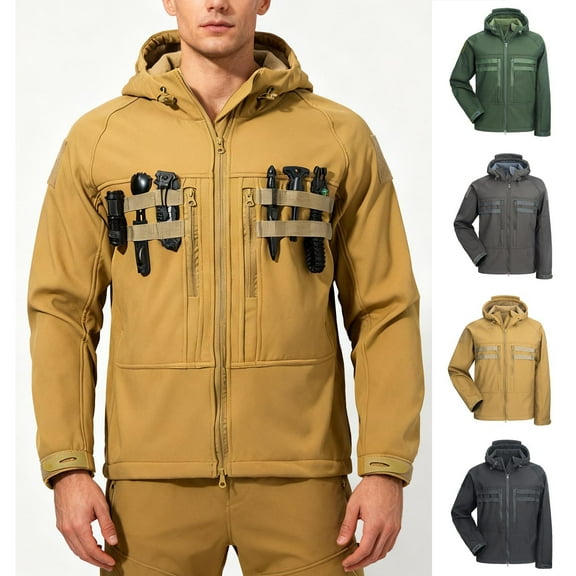 oelaio Men's Waterproof Cargo Jacket Fleece Lined SoftShell Windbreaker Full Zip Up Hooded Coat Black M
