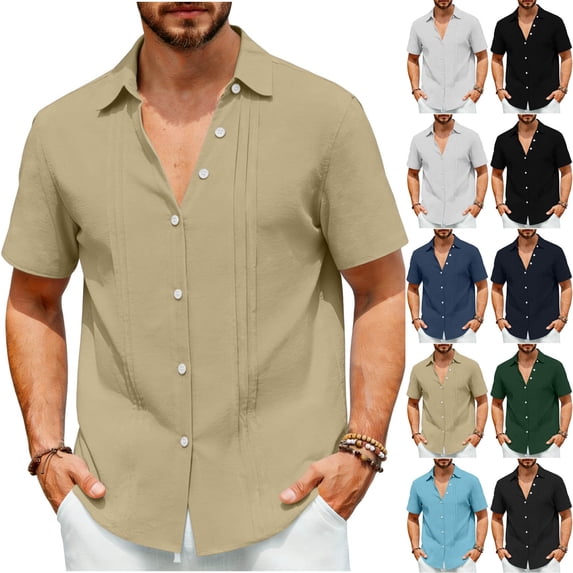 oelaio Mens Linen Shirts Short Sleeve Casual Cuban Guayabera Shirt Solid Color Button Down Shirts Lightweight Summer Beach Solid Tops Black XXL
