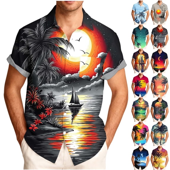oelaio Mens Shirts Short Sleeve Summer Hawaiian Print Beach Shirts Outdoor Casual Loose Button Up Shirt Multicolor L