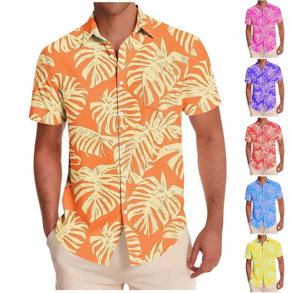 oelaio Mens Shirts Short Sleeve Summer Hawaiian Print Beach Shirts Outdoor Casual Loose Button Up Shirt Red XL
