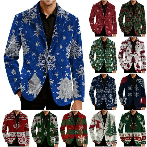 oelaio Mens Ugly Christmas Blazer Jacket Funny Xmas Snowflake Printed One Button Blazer Business Work Jacket Blue XXL