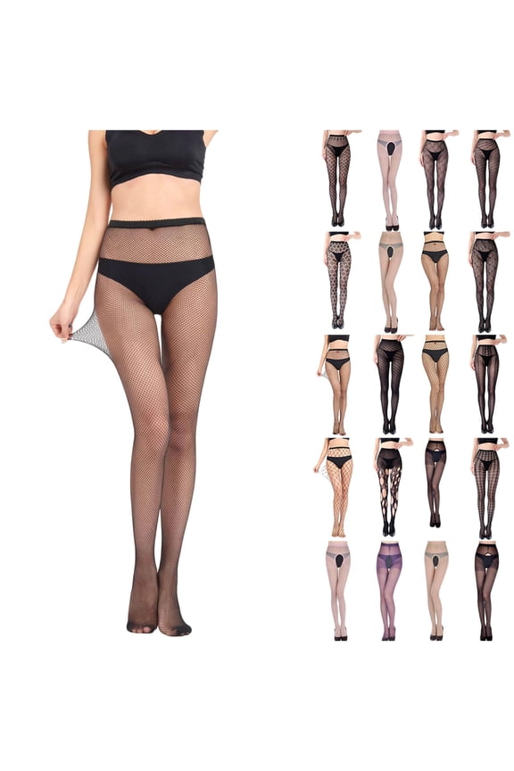 Suspender Pantyhose for Women Sheer Hollow Out Tights Control Top Thigh High Stockings Black Free Size