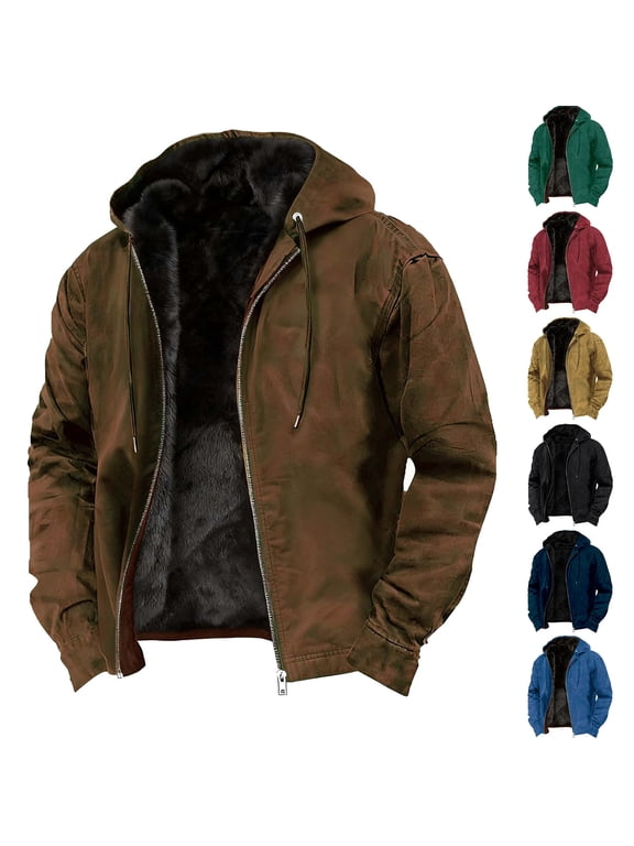 Winter Jackets for Men with Hood Thicken Warm Sherpa Fleece Lined Cargo Jacket Casual Zip Up Coats Outwear 2025 Red S