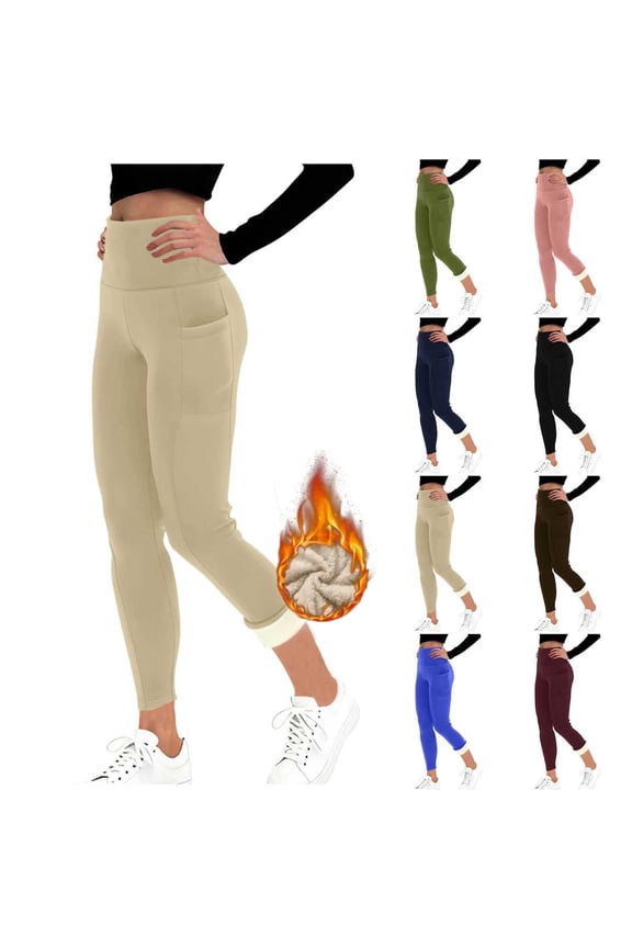 Womens Fleece Lined Athletic Leggings with Pockets High Waisted Yoga Workout Pants Winter Thermal Hiking Casual Tights Beige L