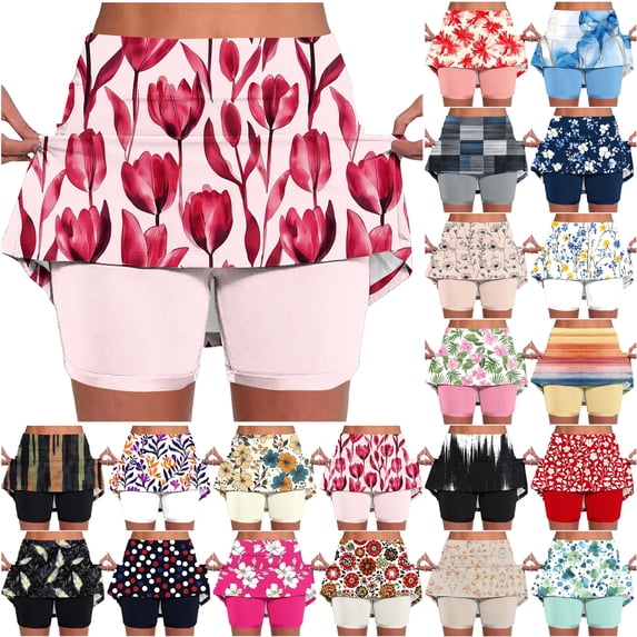 oelaio Womens Flower Print Tennis Skorts Workout Athletic Skort Summer Skirts Lightweight Badminton Skirt with Built in Shorts Multicolor M