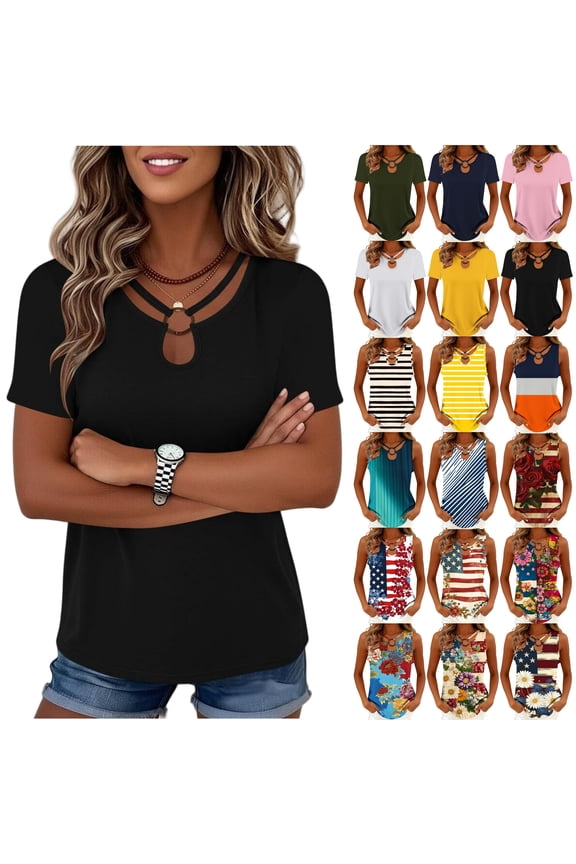 Womens Summer Tops Keyhole Neck Short Sleeve Tee Shirts Casual Fashion Cutout Ring T Shirt Navy XL