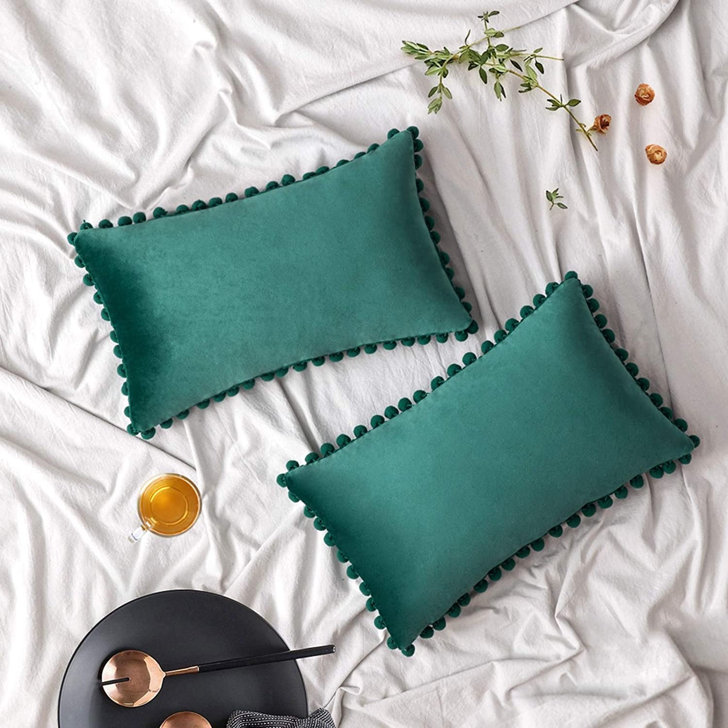of 2 Velvet Throw Pillow Covers Pompom Decorative Pillowcases Solid Soft Cushion Covers with Square for Couch Sofa Bedroom Car 18x18inch Dark Green