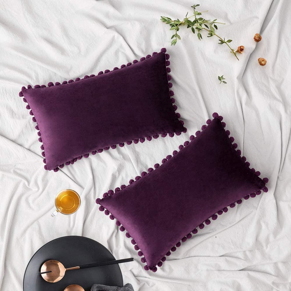 of 2 Velvet Throw Pillow Covers Pompom Decorative Pillowcases Solid Soft Cushion Covers with Square for Couch Sofa Bedroom Car 18x18inch Dark Green