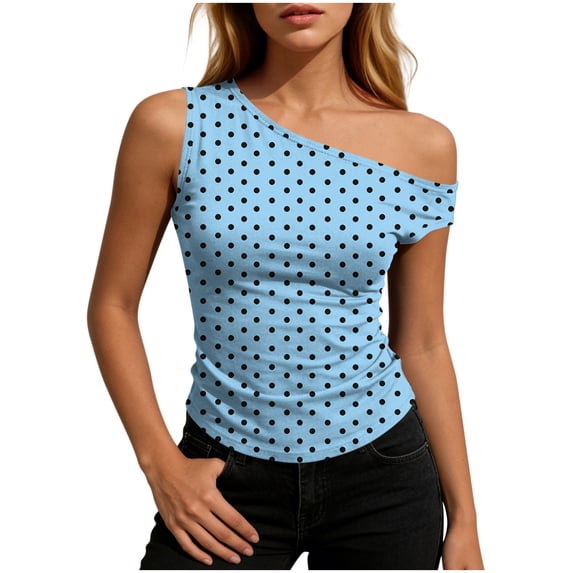 off Shoulder Tops for Women Cute Sleeveless Polka Dot Shirts Ruched Going Out Tank Top Clothes Sky Blue