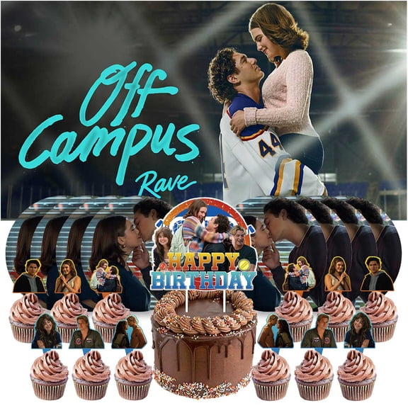 off campus Birthday Party Decor Set 5x2.3ft Backdrop Banner, Paper Plates, Cake Toppers & Fan Decorations