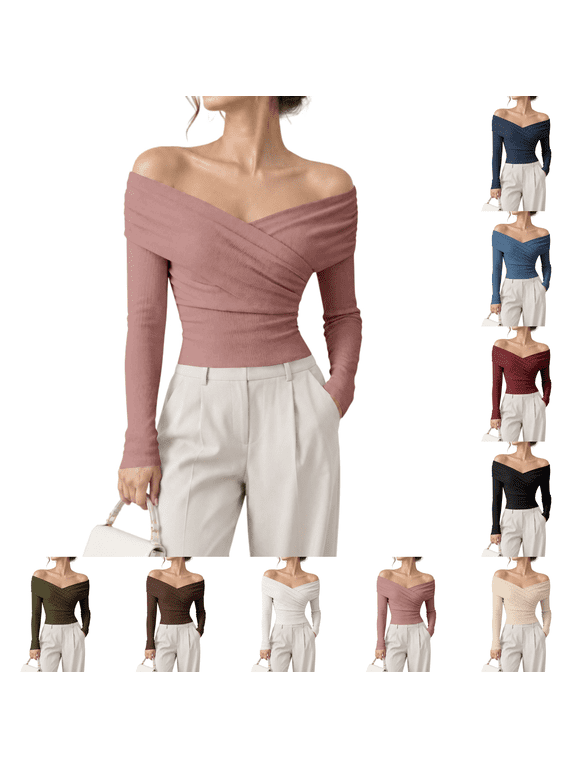 Off Shoulder Tops Women Wrap Slim Fit Y2K Blouses Long Sleeve Cute Shirts Ruched Date Night Going Out Tops Concert Party Fall Trendy