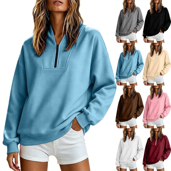 off the Shoulder Sweatshirt for Women Casual Half Zip Long Sleeved Pullover Loose Soft Midweight Sweatshirt